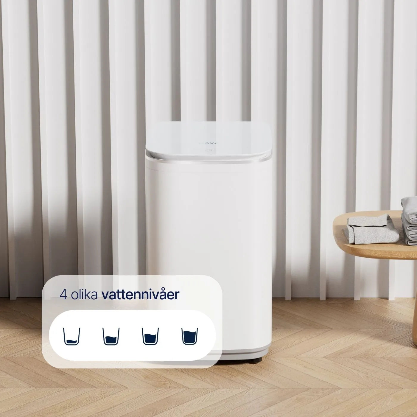 HAVA tvättmaskin från Go-clean.se i ett modernt hem med visualisering av 4 olika vattennivåer för anpassad, hållbar och effektiv tvätt.