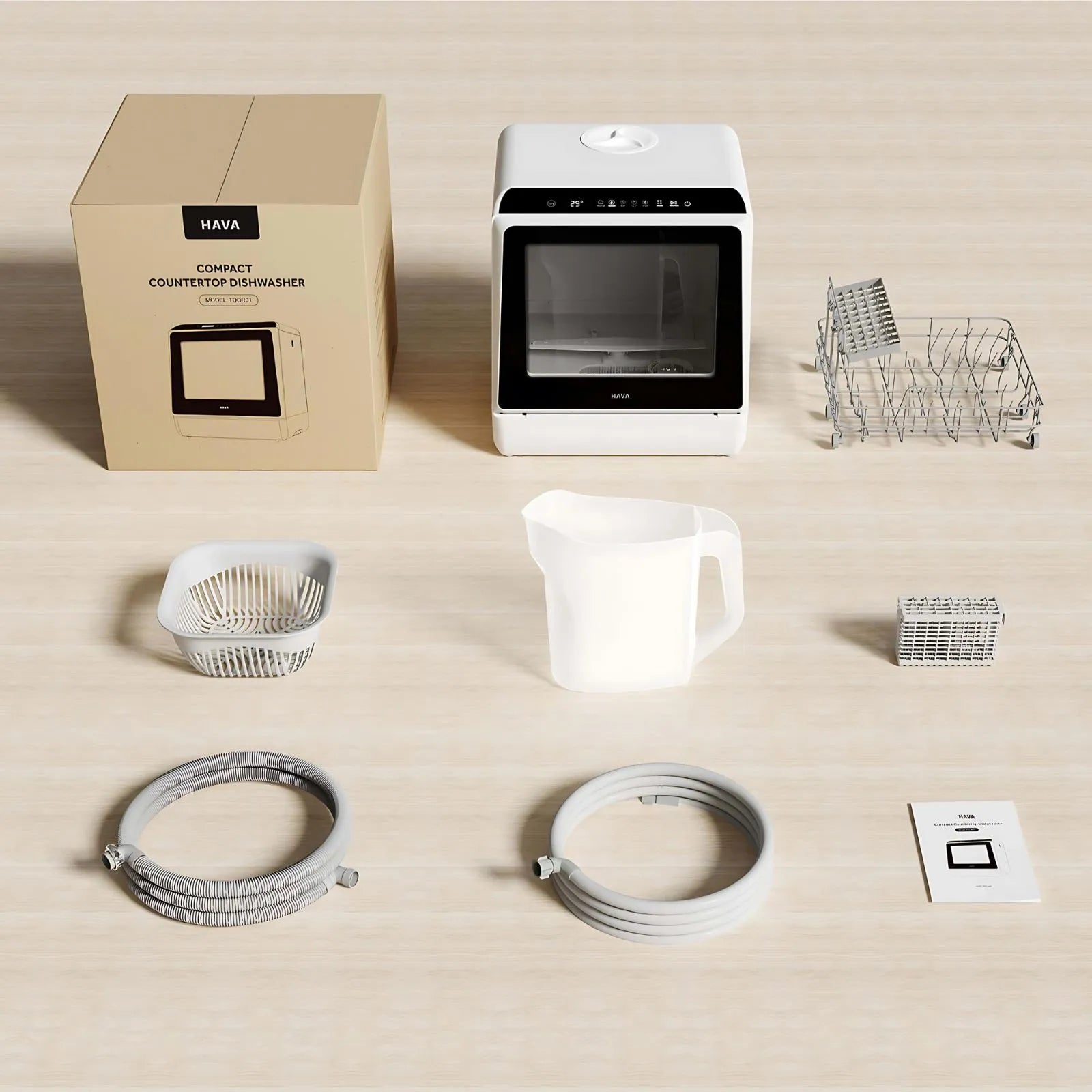 HAVA Bänkdiskmaskin från Go-clean.se med komplett innehåll vid leverans, inklusive slangar, kanna, korgar, filter och manual.