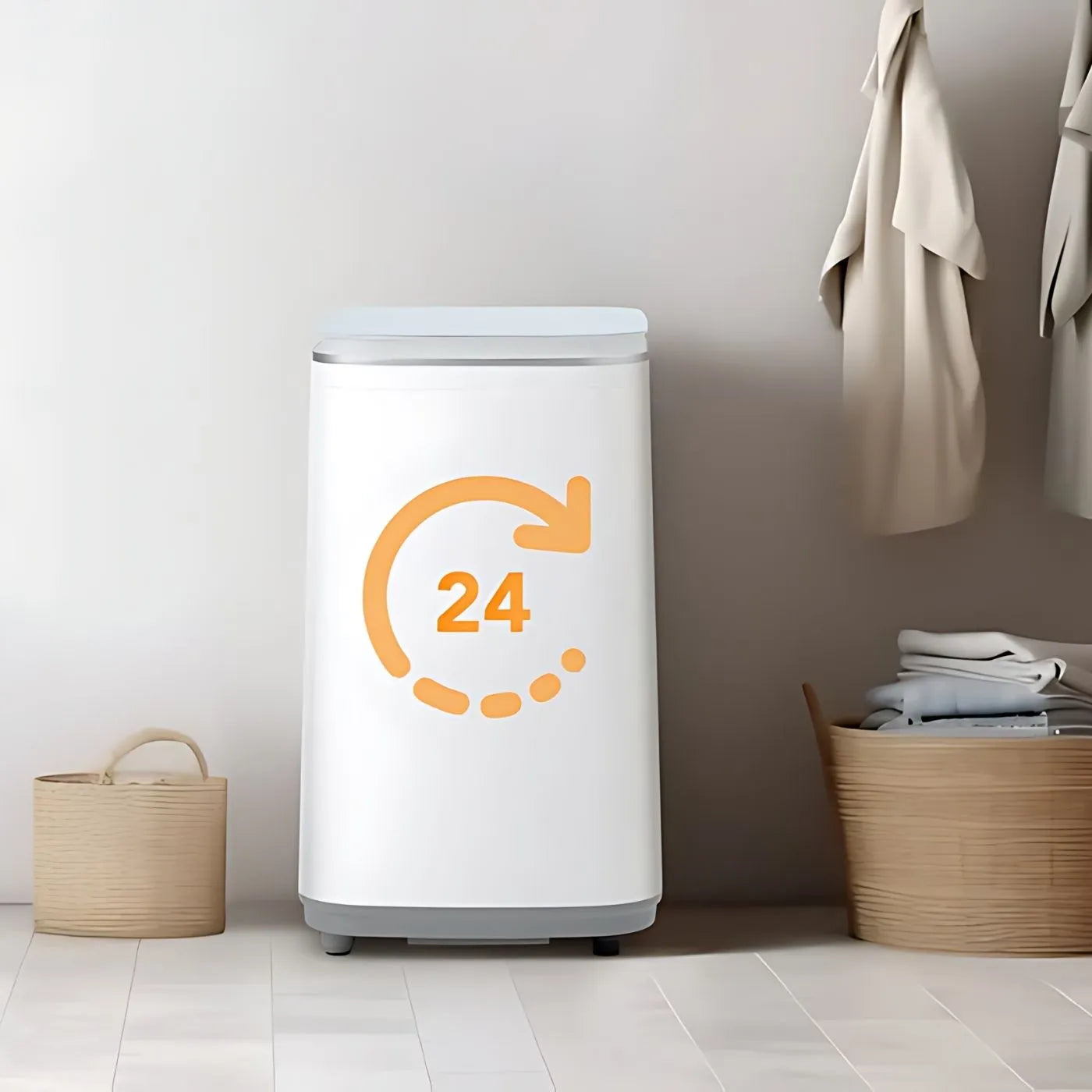 HAVA tvättmaskin från Go-clean.se i ett modernt hem med symbol för 24-timmars timerfunktion för flexibel tvättplanering.