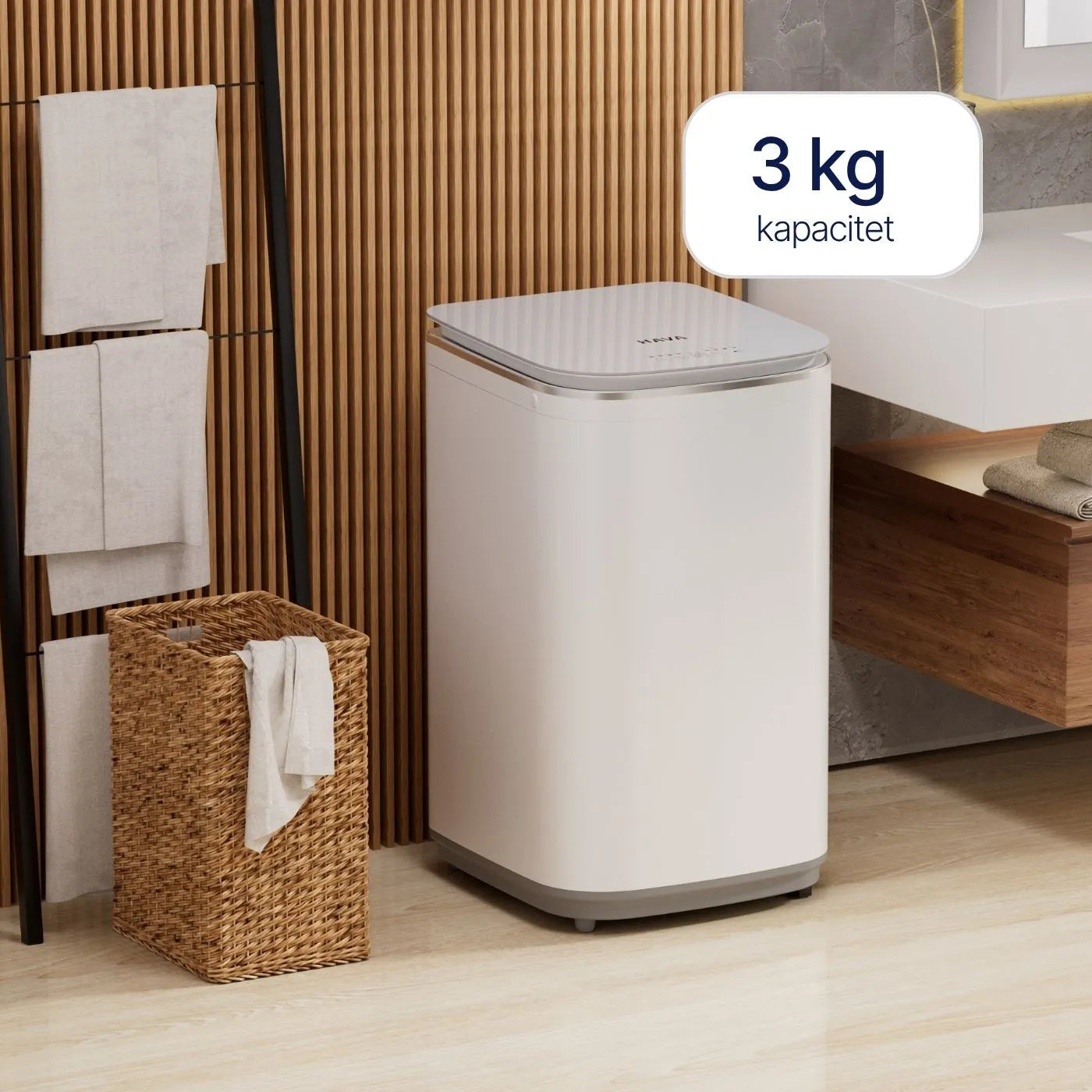HAVA tvättmaskin från Go-clean.se i en stilren badrumsmiljö med tydlig markering av 3 kg kapacitet för små hushåll och enkel vardagstvätt.