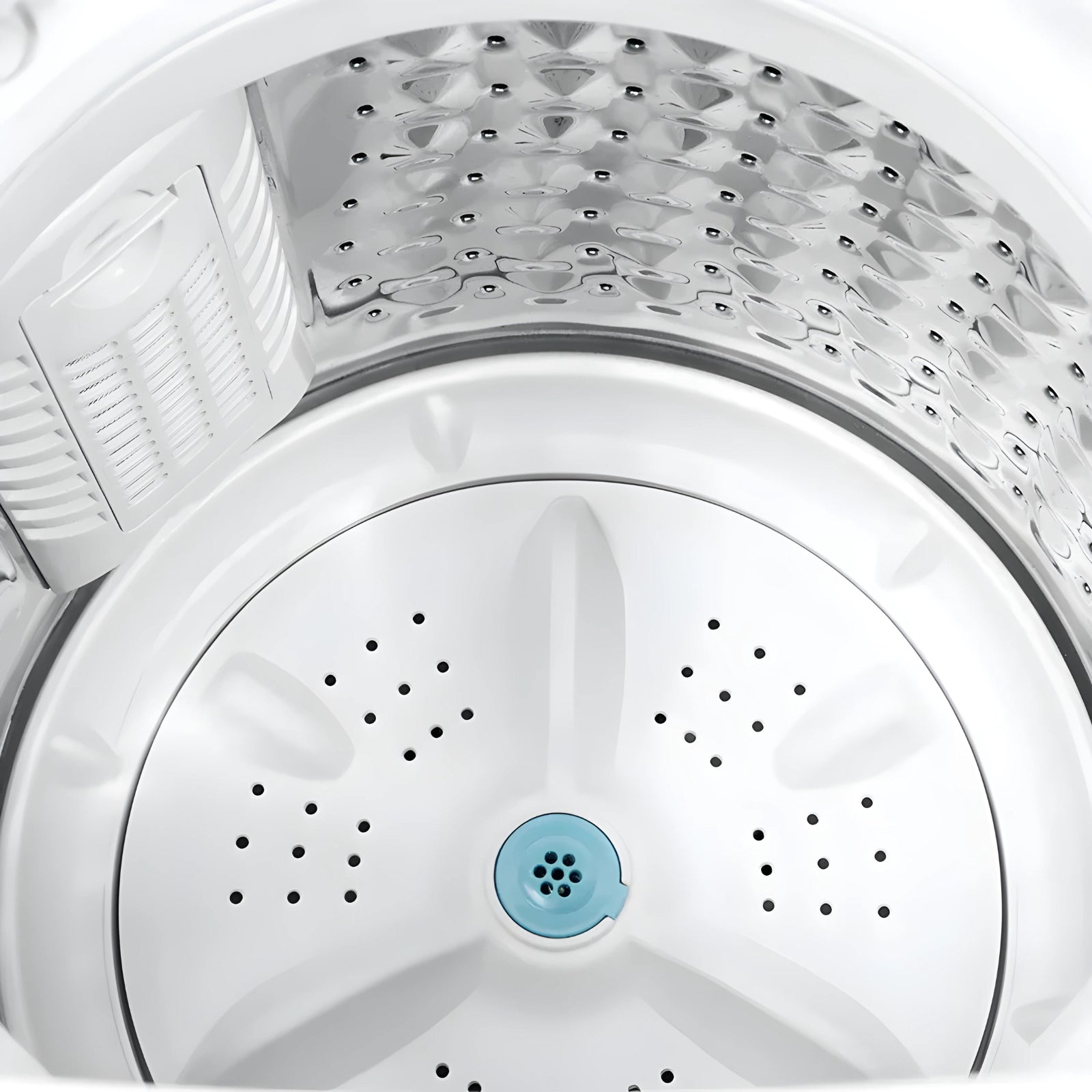 Närbild av insidan av Go-clean's HAVA tvättmaskin, visar den detaljrika korrosionsresistenta trumman och dess välutformade vattenutsläppshål för optimal tvätteffektivitet.